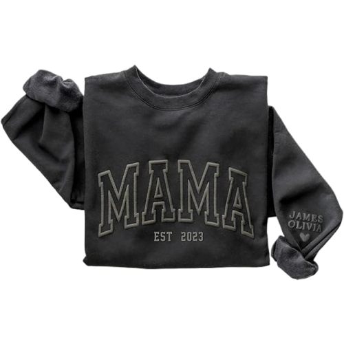 NAZENTI Mama Est 2023 Sweatshirt, Personalized Mama Sweatshirt with Kid Names on Sleeve, Birthday Gift for Mom, New Mom Gift, Mama Christmas Sweatshirt, Sweatshirt for Mama Mom