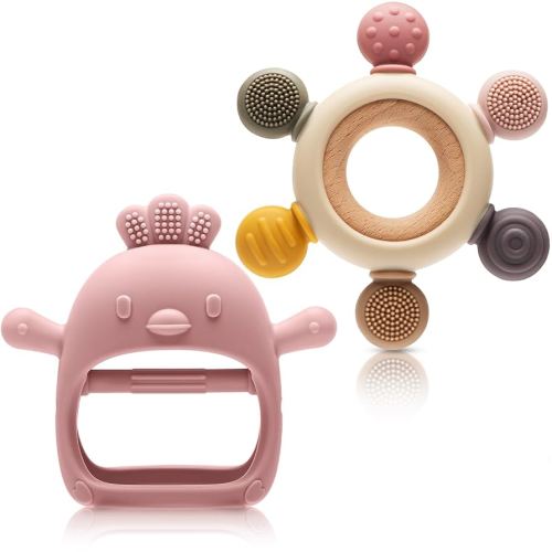 2 Packs Baby Teething Toy for 0-6 6-12 Months, Food Grade Silicone Teething Mitten and Silicone Rudder with Wooden Ring, BPA-Free, Baby Chew Toys for Sucking Needs