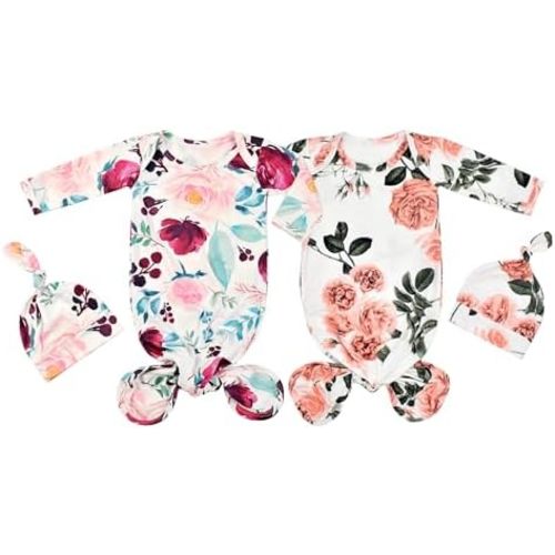 Newborn Cotton Knotted Gown Sleeper Gown with Beanie Set Baby Girl Nightgowns Coming Home Outfits 2 Packs