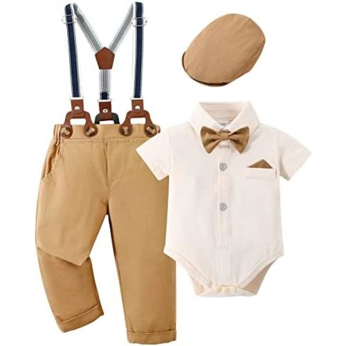 nilikastta Baby Boy Wedding Outfits Infant Baby Boy Clothes Suit Dress Shirts/Suspender Pants/Bowtie/Beret Hat 0-18M
