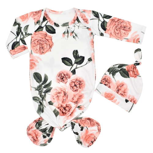 TAIAOJING Baby Coming Home Outfit Knotted Sleep Gown Sleepwear Baby Knot Floral Long Sleeve Sleeping Gown With Hat Set For 0-3 Months