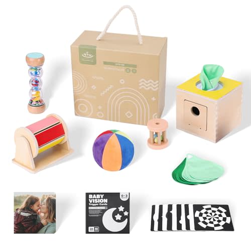 KOALA DIARY Montessori Toys Set for Babys 1 Year Old ,Natural 0-6 Months Wooden Learning Educational Play Kit ,7 in 1 Montessori-Inspired Toys for Babies and Toddlers, Medium