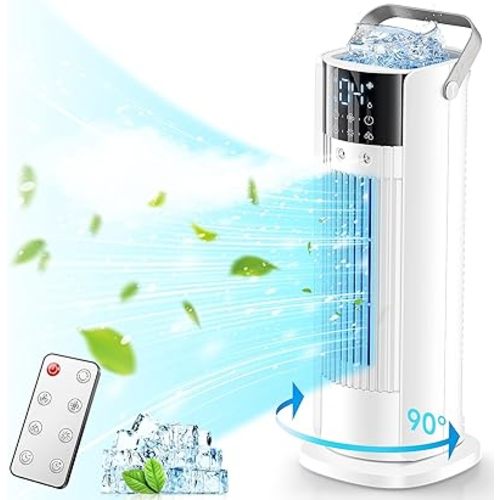 Portable Air Conditioner - 90° Oscillating Tower Fan with Remote, 16" Evaporative Air Cooler with 4 Wind Speeds/Digital Touch Screen/Cool Mist/2-10H Timer - Cooling fan Air Conditioner (White)