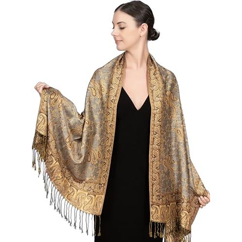Achillea Reversible Paisley Pashmina Rave Scarf – Exotic Indian Shawls and Wraps for Evening Dresses, Festivals, All Seasons