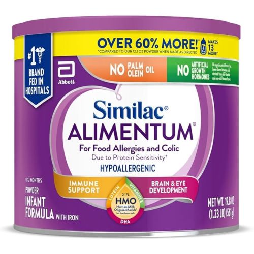 Similac Alimentum with 2’-FL HMO Hypoallergenic Infant Formula, for Food Allergies and Colic, Suitable for Lactose Sensitivity, Baby Formula Powder, 19.8-oz Value Can