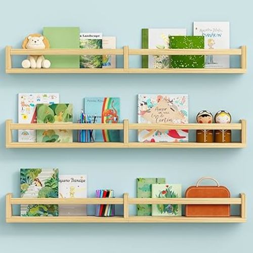 Floating Nursery Book Shelves for Wall, 32 Inch Long Wall Bookshelf for Kids Room Bedroom, Wooden Large Wall Shelf with Hanging Rod for Baby Toddler Child Clothes (3-Pack, Natural Wood)