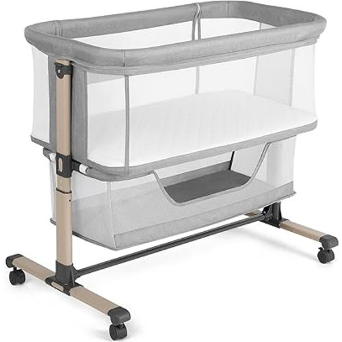 Cowiewie Bassinet Bedside Sleeper, Portable, Breathable, Adjustable Baby Bedside Bassinet for Peaceful Nights, Light Grey