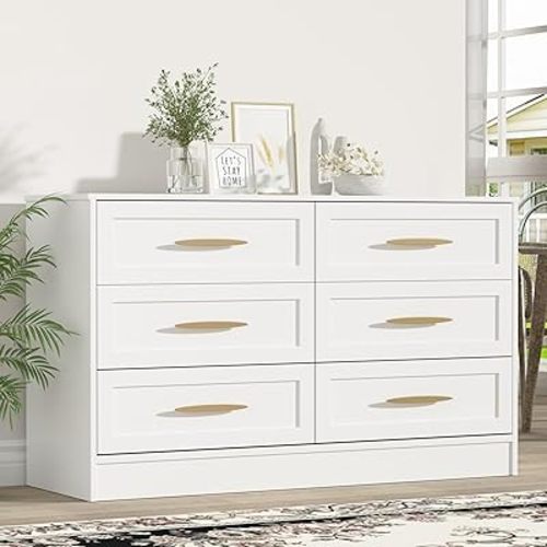 6 Drawer Dresser White and Gold, Tall Dresser for Bedroom, Wood Storage Cabinet, Storage Solution for Entryway and Hallway, Sturdy and Stylish