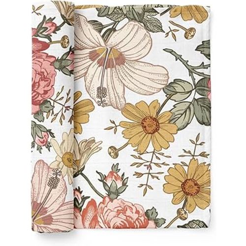 Muslin Swaddle Blanket – Garden Floral (White) Floral Baby Blanket Wrap Cute Infant Newborn Essential Cotton Swaddle, Trendy Receiving Blankets, Great Shower Gift for Girls by Mini Wander