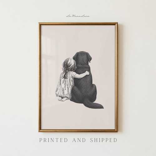 Girl and Black Labrador Retriever Dog Print | Lab Retriever Nursery Art, Vintage Sketch, Kids Room Art