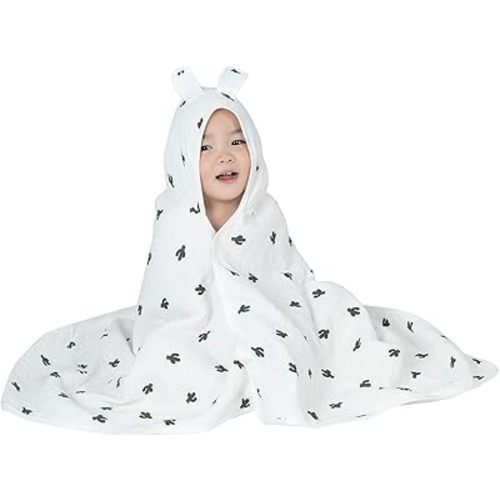 Hooded Towel Muslin Hooded Towel Made from Organic Cotton 6-Layer Cotton Bath Towel, Soft Bath Towels 25x51inches for Toddler Baby Kids Cactus