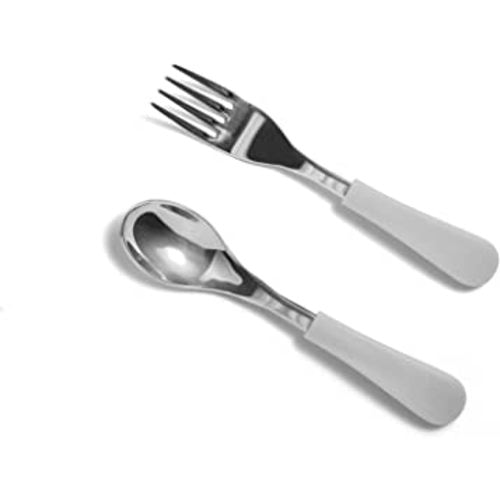 Avanchy Baby Fork Set, Stainless Steel and Silicone Spork Utensils, Toddler Baby Led Weaning Silverware Cutlery Flatware, Kids First Self Feeding 2 Pack, Gray Spoon, Fork