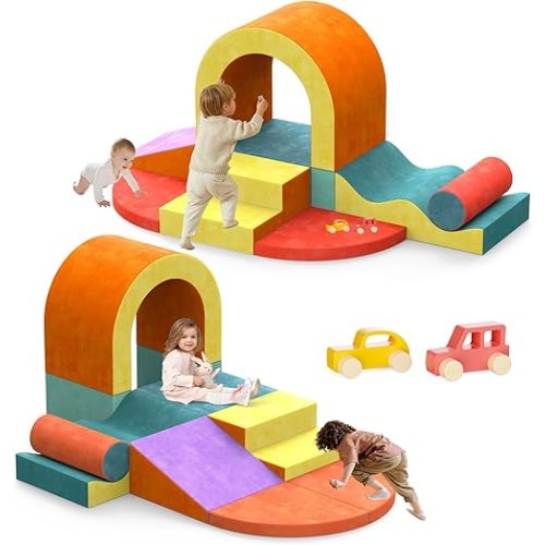 10 PCS Color Foam Climbing Blocks for Toddlers, Soft Play Set with Toy Car, Climbing Blocks for Toddlers 1-3, Indoor Climb and Crawl Soft Play Set