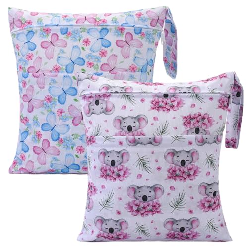 eaxin 2pcs Cloth Diaper Wet Dry Bags Waterproof Reusable with Two Zippered Pockets Travel Beach Pool Daycare Soiled Baby Items Yoga Gym Bag for Swimsuits or Wet Clothes-Butterfly,Koala