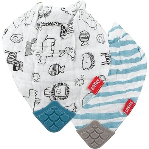 Nuby 100% Natural Cotton Muslin Bib - Bib with Teething Corner (2-Pack) 3+ Months - Zoo