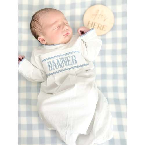 PREORDER- BOYS BLUE & WHITE NAME SMOCKED INFANT GOWN