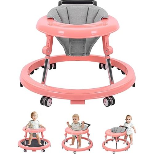 Baby Walker with Wheels: Adjustable Height & Foldable Design, Mute Wheels & Anti-Rollover Feature, Includes Footrest, Perfect for Boys & Girls 6-18 Months