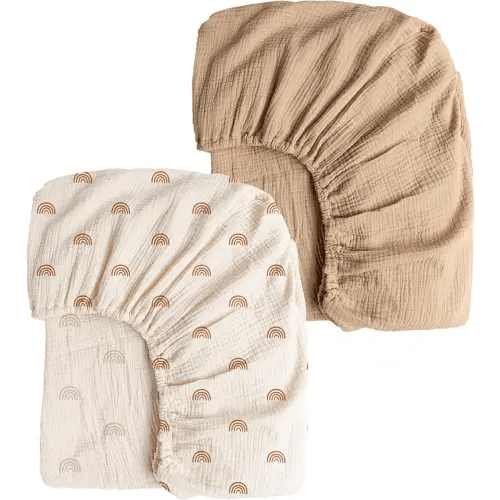 Konssy Muslin Crib Sheets for Girl Boy, 2 PCS Soft and Breathable Cotton Baby Sheets for Standard Crib Mattress, 52"x 28" (Camel, Rainbow)