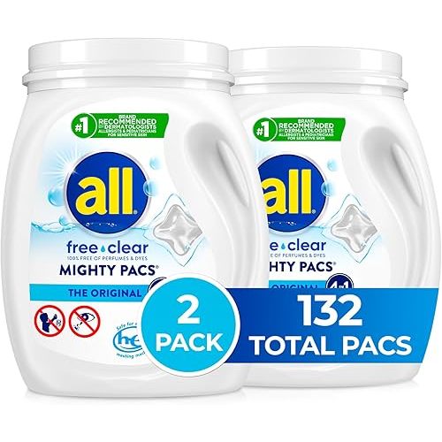 all free clear, Original, MIGHTY PACS Laundry Detergent Pacs for Sensitive Skin, Unscented and Hypoallergenic, 66 Count (Pack of 2)