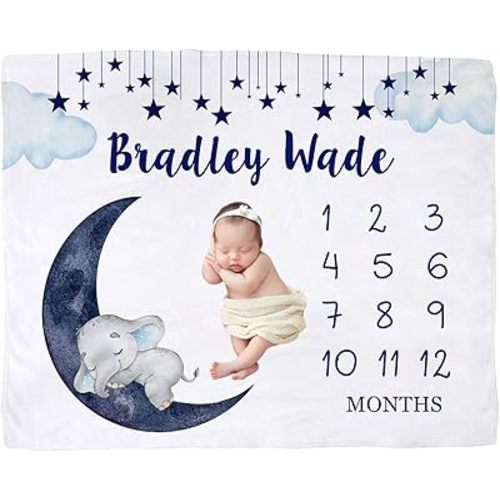 Personalized Moon Elephant Baby Blanket for Boys – Custom Name Milestone Tracker, Soft Newborn Blanket & Baby Shower Keepsake Gift
