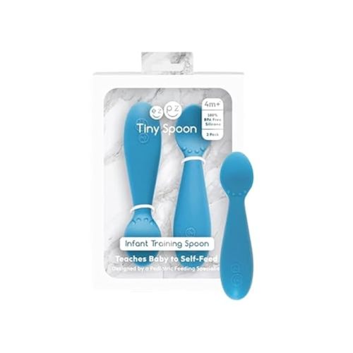 ezpz Tiny Spoon (2 Pack in Blue) - 100% Silicone Spoon for Baby Led Weaning + Purees - 6 Months + - Designed by a Pediatric Feeding Specialist - Shower Essentials & Gifts