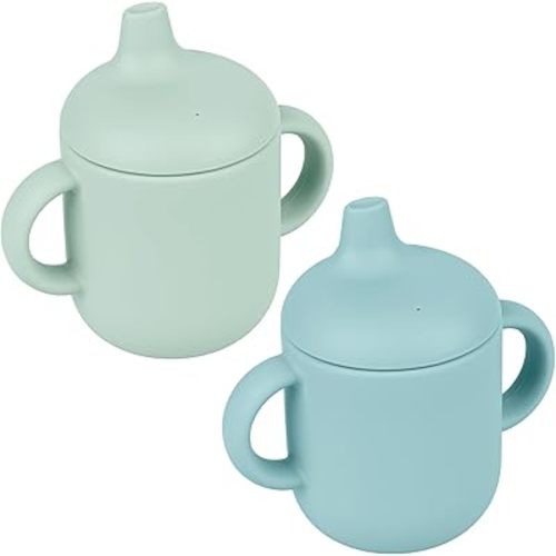 Silicone Baby Drinking Cups, Sippy Cups for 6-12 Months Toddlers - Pack of 2 Food Grade Silicone Traning Cups with Straws and Lids Grip Handle for Baby Led Weaning, 6 oz (Glacier/Plume)
