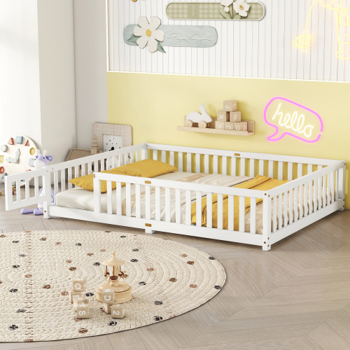Bellemave Queen Size Floor Bed with Door and Fence Toddler Floor Bed with Bed Slats Sturdy Wood Floor Bed Montessori Bed Frame for Kids, Boys, Girls (Queen, White)