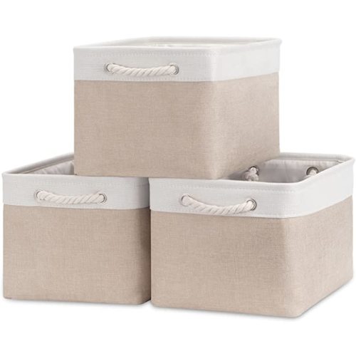 Bidtakay Large Fabric Baskets with Handles [3-Pack] Collapsible Storage Basket for Shelves 15 X 11 X 9.5 inches Canvas Bins for Closet Organization (White&Beige)