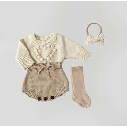 Baby Girl knit HEART ROMPER | Options + Sets| Bow Booties socks | Cream Heart