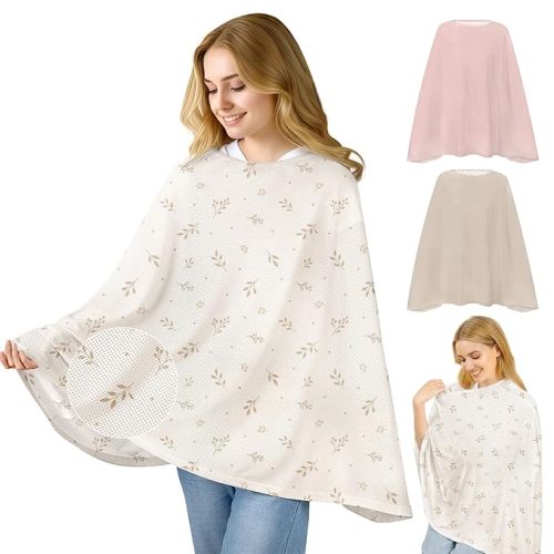 Basumee Nursing Cover for Breastfeeding Full Privacy Soft Breathable Mesh Breastfeeding Cover Multi-Use Breast Feeding Covers for Women Moms Baby Feeding Privacy Nursing Covers, Beige Flower Branches