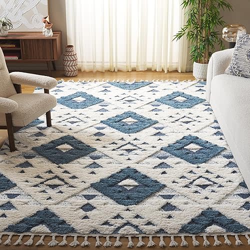 SAFAVIEH Moroccan Tassel Shag Collection Area Rug - 8' x 10', Blue & Ivory, Boho Design, Non-Shedding & Easy Care, 2-inch Thick Ideal for High Traffic Areas in Living Room, Bedroom (MTS688M)