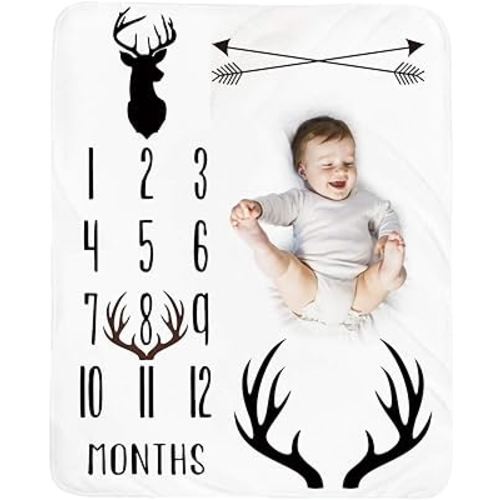 Tebaby Baby Monthly Milestone Blanket Boy - Deer Newborn Month Blanket Neutral Personalized Shower Gift Woodland Nursery Decor Photography Background Prop with Frame Large 51''x40''
