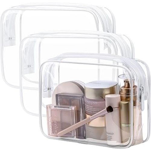 PACKISM Clear Toiletry Bag, 3 Pack TSA Approved Toiletry Bag Quart Size Bag, Travel Makeup Cosmetic Bag for Women Men, Carry on Airport Airline Compliant Bag, White (for age 12 or above)