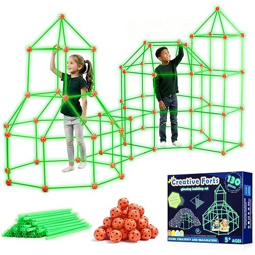 Tiny Land Glow Fort Building Kit for Kids Creative Fort Indoor & Outdoor Construction Toys with 86 Rods and 44 Balls for 5-12 Year Old Boys & Girls STEM Building Toy Gifts with Storage Bag