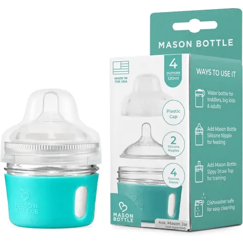 Mason Bottle 4oz Glass Baby Bottle DIY Kit - Fits Any 4oz Mason Jar - Includes 1x Silicone Sleeve, 1x Plastic Cap, & 2X Silicone Slow Flow Nipples (Ring/Lid & Jar NOT Included) - Made in USA