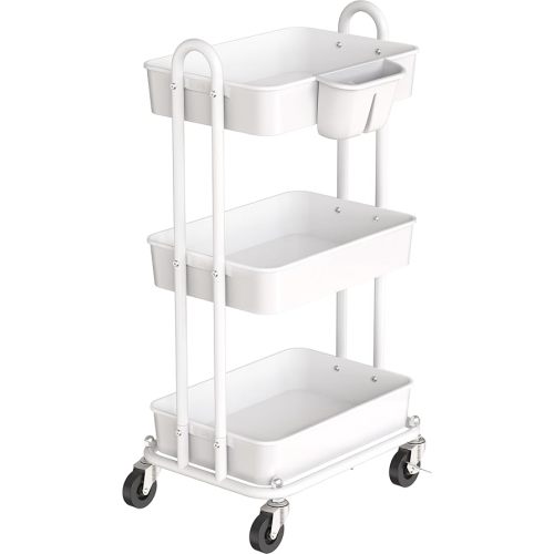 Simple Houseware 3-Tier Kitchen Multifunctional Rolling Utility Cart with Hanging Bucket, White