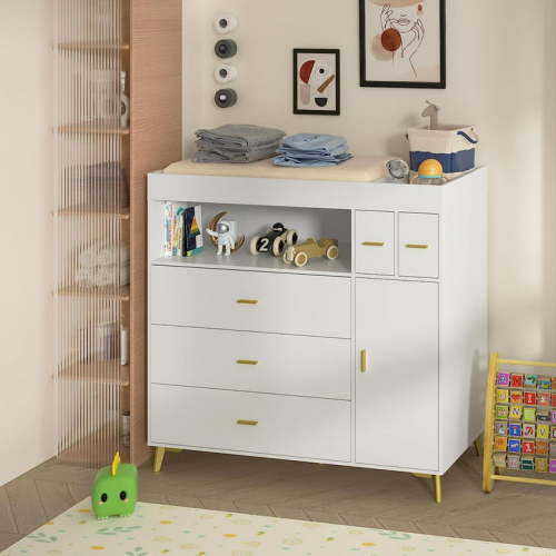 Changing Table with Drawers, White Drawer Dresser,Changing Table Dresser with 5 Drawer & Cabinet by PAKASEPT