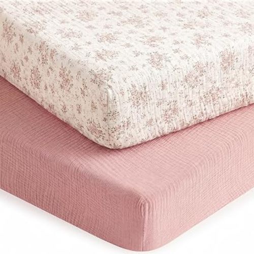2 Pack Muslin Crib Sheets for Girl - Neutral Fitted Baby Crib Sheets for Standard Toddler Crib Mattress - 52” x 28” Soft Breathable Cotton Baby Bed Sheets - Dusty Pink & Floral