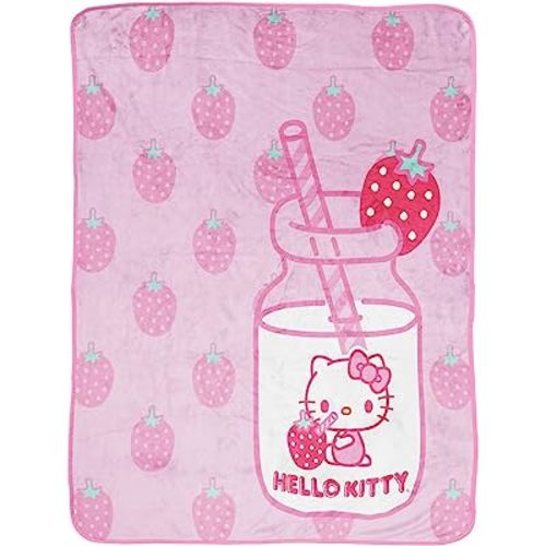 Hello Kitty Strawberry Milk Throw Blanket - Measures 46 x 60 inches, Kids Bedding Features Kitty White - Fade Resistant Super Soft Fleece (Official Hello Kitty Product)