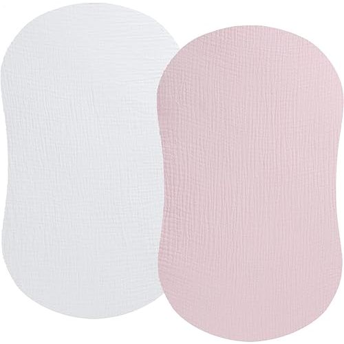 Muslin Bassinet Sheet Compatible with Halo Bassinest Swivel Flex Glide Premiere & Luxe Series Sleeper 2 Pack Cotton Stylish Boho Fitted Bassinet Sheets Super Soft for Baby White & Pink