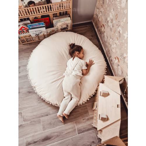 Handmade Cotton floor pillow , canvas round cushion with Pom poms, kid's room decoration, cotton cushion, floor pillows, nursery pillow
