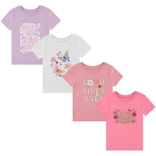 BTween Girls 4-Piece Tops | Fashionable Short Sleeve T-Shirt | Casual Daily Shirt for Kids - Assorted Colors