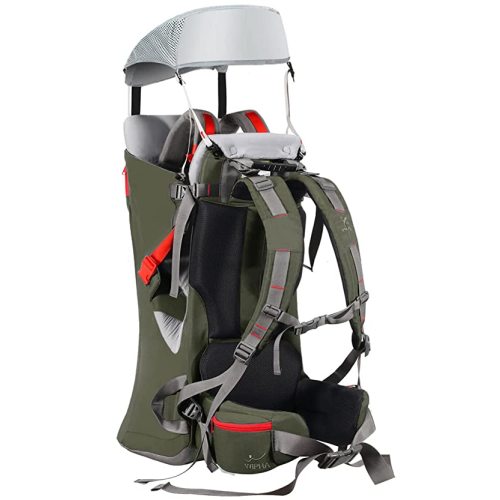 Baby Backpack Carrier, Ergonomic Child Carrier Hiking with Sun Canopy, Safe Toddler Hiking Backpack Carrier with Large Storage Space&Insulated Pocket, Adjustable Padded Child Seat - Army Green