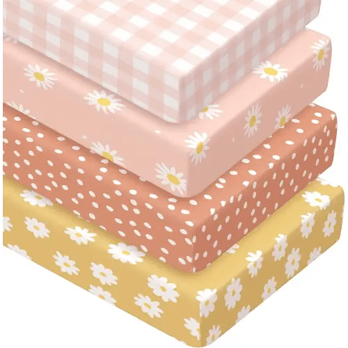Peryiter 4 Pack Crib Sheets Girl Soft Baby Bed Sheet Set 52'' x 28" Pink Plaid Nursery Sheets Daisy Printed Crib Sheets for Standard Crib for Nursery Decor Baby Boys or Girls