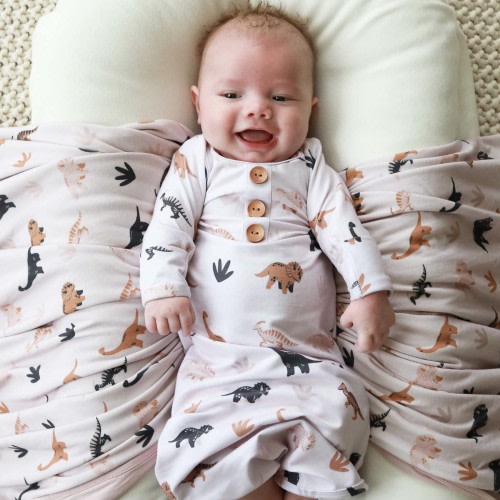 Dino Days Newborn Baby Knot Gown & Hat Set