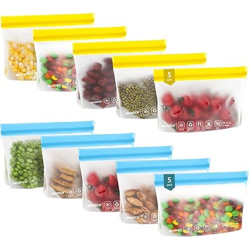 IDEATECH 10Pack Reusable Snack Bags Dishwasher Safe, Leakproof Reusable Freezer Bags, Reusable Food Storage Bags, Clear Small Resealable Baggies for Cookies, Candy (10Snack, Colored)