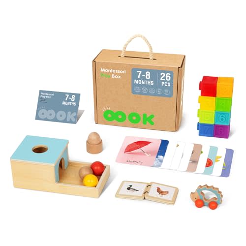 OOOK Montessori Baby Toys 6-12 Months, 7 in 1 Educational Toys for Toddlers Early Learning Present (Soft Building Blocks, Object Permanence Box, Rattle, Texture Cards, Wooden Egg, Wooden Book)