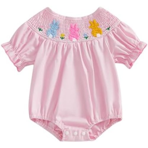 FIOMVA Toddler Baby Girl Clothes Summer Smocked Romper Bow Embroidery Bubble Onesie Short Sleeve Cute Bodysuit Outfits