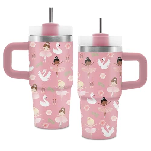 Ballerina Gifts for Girls, Pink Ballerina Tumbler with Handle and Straw for Kids, Insulated Stainless Steel Travel Mug, Birthday Valentines Day Gifts for Dance Lover Girls Women Dancer