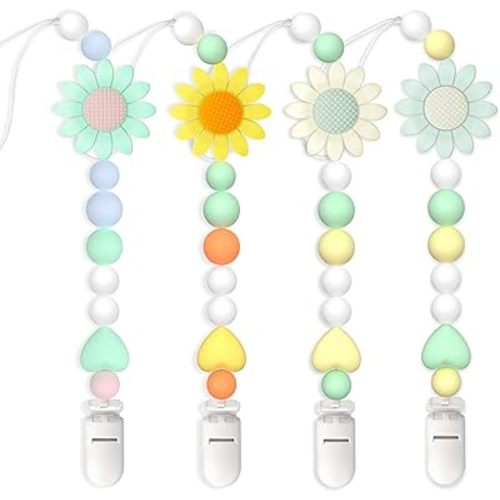 Silicone Pacifier Clip, 4 Pack Pacifier Holder for Boys and Girls, Adorable Sunflower Pacifier Clips Fits for Most Pacifier, Baby Teethers, Baby Shower and Baby Gift